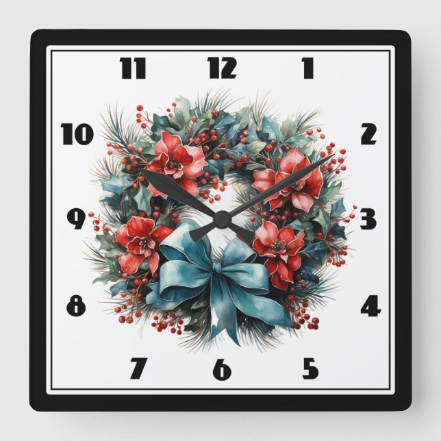 Christmas Watercolor Wreath with Holly Square Wall Clock (Front)