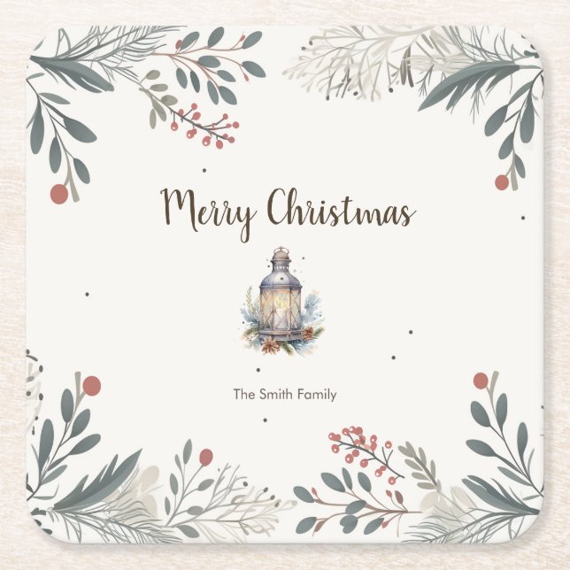 Christmas Watercolour Greetings  Square Paper Coaster (Front)