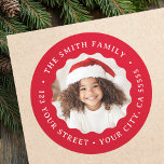 Christmas wavy border red photo return address classic round sticker<br><div class="desc">Winter holiday return address labels featuring your photo inside a wavy,  red border and your name and return address around the photo.</div>