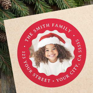 Christmas wavy border red photo return address classic round sticker