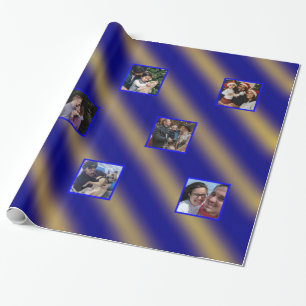 Christmas Wavy Pattern Gold & Blue 8 Photos Wrapping Paper