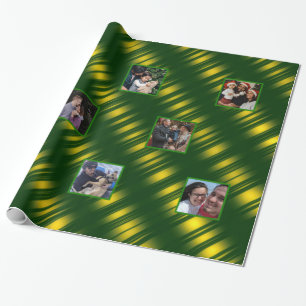 Christmas Wavy Pattern Gold & Green 8 Photos Wrapping Paper