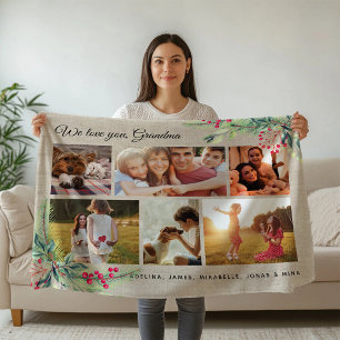 Christmas WE LOVE YOU GRANDMA Rustic Photo Collage Fleece Blanket