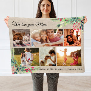 Christmas WE LOVE YOU MOM Rustic Photo Collage Fleece Blanket