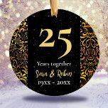 Christmas wedding anniversary black floral gold ceramic ornament<br><div class="desc">Christmas wedding anniversary black floral gold Ceramic Ornament . Sparkly , stylish and elegant beautiful inexpensive gift for couples celebrating their marriage. It’s an elegant wedding anniversary keepsake that can be personalised with your special anniversary information.
Ps:there’s no real glitter or raised part, it’s a beautiful printed design.</div>
