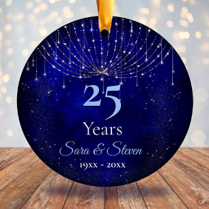 Christmas wedding anniversary blue silver glitter  ceramic ornament