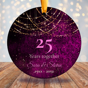 Christmas wedding anniversary purple gold glitter ceramic ornament