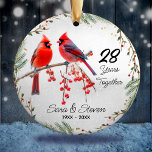 Christmas wedding anniversary red cardinal ceramic ornament<br><div class="desc">Cute red green red cardinal Christmas wedding Anniversary Ceramic ornament. Stylish and elegant beautiful inexpensive gift for couples celebrating their marriage. It’s an elegant wedding anniversary keepsake that can be personalised with your special anniversary information.</div>