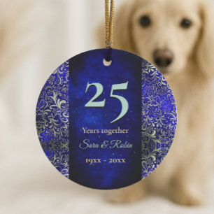 Christmas wedding anniversary royal blue floral  ceramic ornament