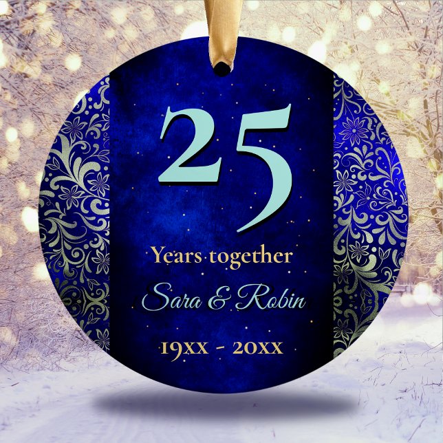 Christmas wedding anniversary royal blue floral  ceramic ornament (Creator Uploaded)