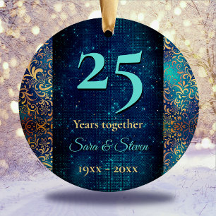Christmas wedding anniversary turquoise gold ceramic ornament