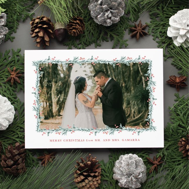 Christmas Wedding Announcement Photo Card (An elegant Newlywed Christmas card featuring watercolor pine boughs and winter greenery)