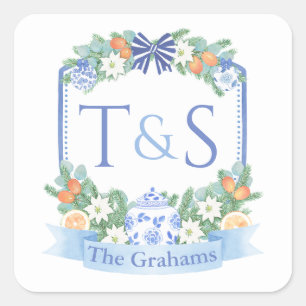 Christmas Wedding Botanical Monogram Crest Square Sticker