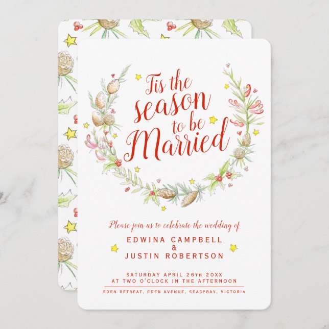 Christmas wedding cones berries star watercolor invitation (Front/Back)