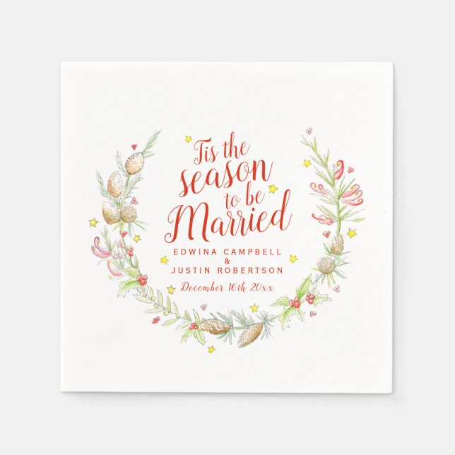 Christmas wedding cones berries star watercolor napkin (Front)