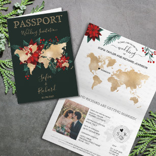 Christmas Wedding Destination Passport World Map  Invitation