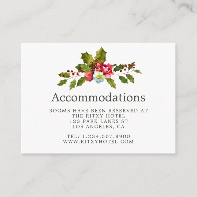 Christmas Wedding Floral Holly Accommodations Enclosure Card (Front)