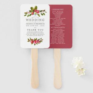 Christmas Wedding Floral Holly Watercolor Program Hand Fan