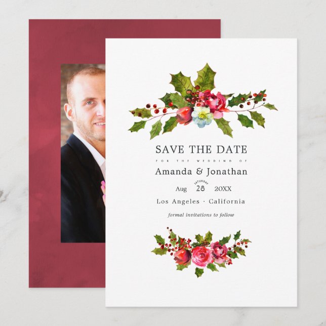Christmas Wedding Holly Photo Save The Date (Front/Back)