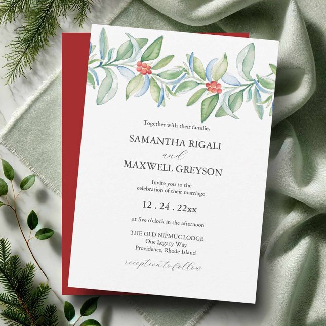 Christmas Wedding Invitation Watercolor Greenery (Watercolor wedding invitations featuring hand painted winter botanical art by Victoria Grigaliunas)