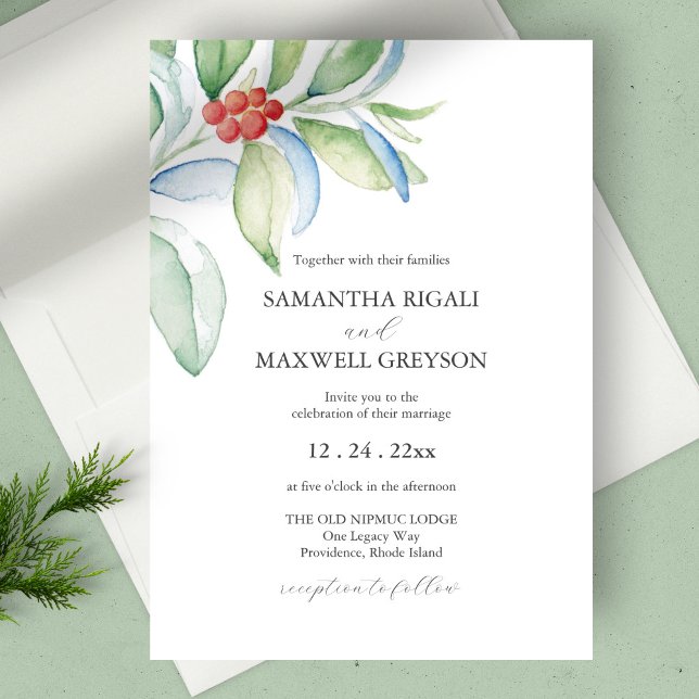 Christmas Wedding Invitation Watercolor Greenery (Christmas wedding invitation botanical berries unique watercolor art by Victoria Grigaliunas)