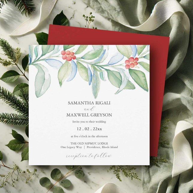 Christmas Wedding Invitations Watercolor Greenery (Christmas wedding invitations elegant botanical watercolor art  Victoria Grigaliunas DoTellABelle)
