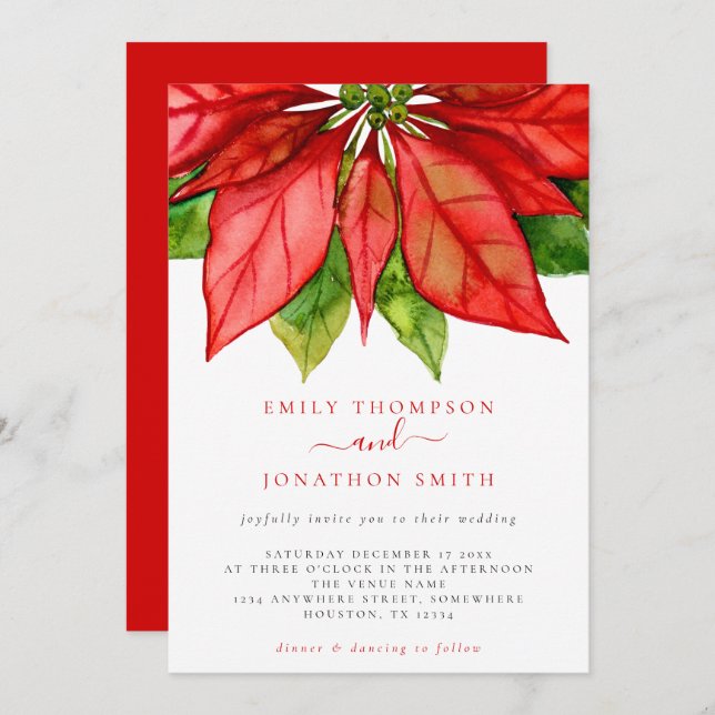 Christmas Wedding Large Red Poinsettia Invitation (Front/Back)