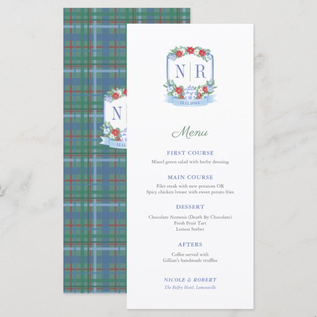 Christmas Wedding Monogram Individual Place Names Menu (Front/Back)