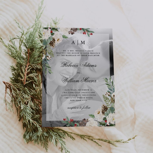 Christmas Wedding | Photo Invitation with Overlay (A classic winter wedding invitation with your photo and Christmas flowers and greenery)