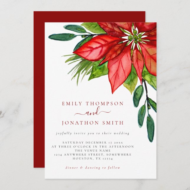 Christmas Wedding Red Poinsettia Foliage  Invitation (Front/Back)