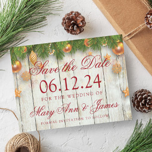 Christmas Wedding Save The Date Gold Baubles Announcement Postcard