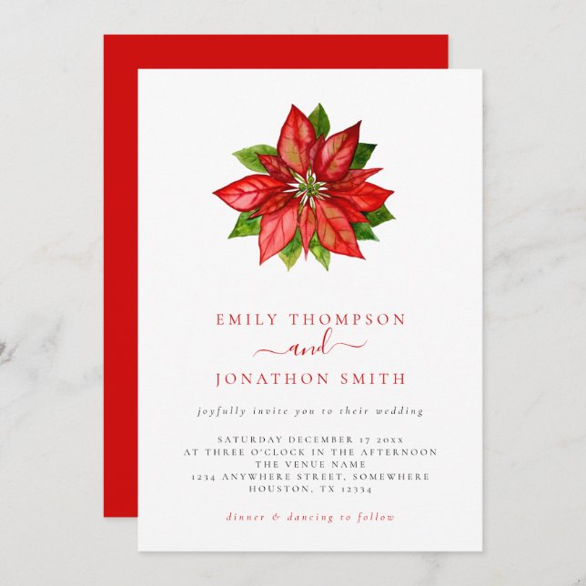 Christmas Wedding Single Red Poinsettia Invitation (Front/Back)