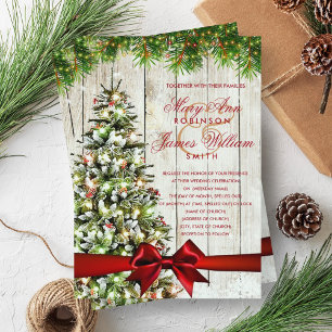 Christmas Wedding Tree, Lights & Red Ribbon Invitation