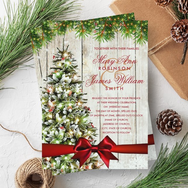 Christmas Wedding Tree, Lights & Red Ribbon Invitation (Christmas Wedding Tree, Lights & Red Ribbon Invitation)