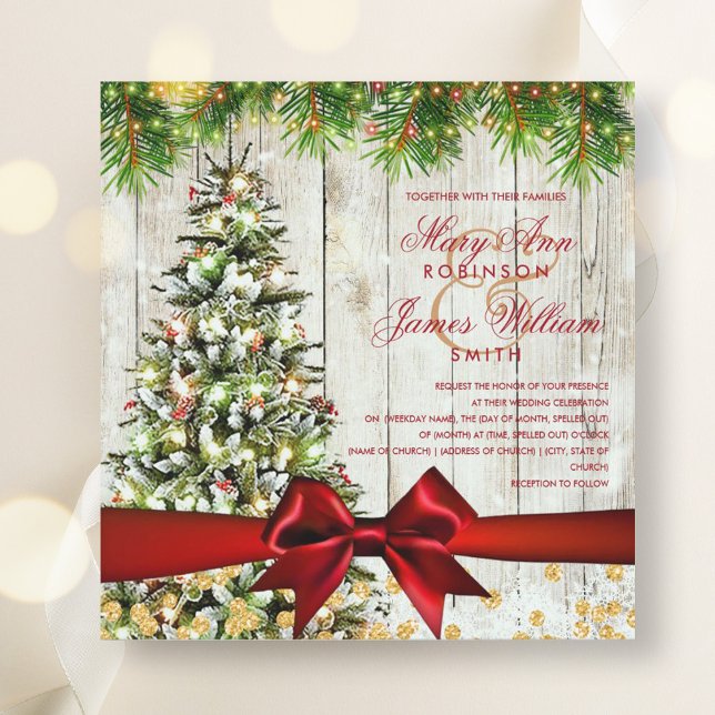 Christmas Wedding Tree, Lights & Red Ribbon Invitation (Christmas Wedding Tree, Lights & Red Ribbon Invitation)