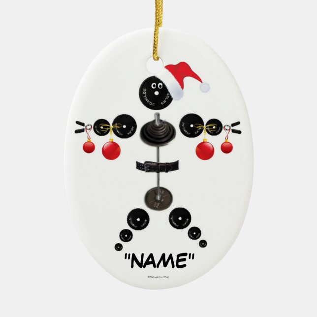 Christmas Weight Lifting Cartoon Ceramic Ornament (Front)