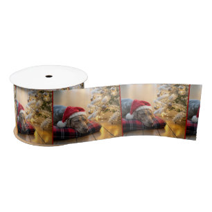 Christmas Weimaraner Dog By a Tree Satin Ribbon