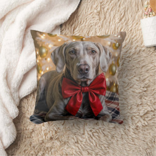Christmas Weimaraner Dog With Red Bow Cushion