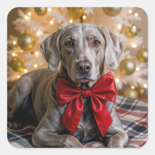 Christmas Weimaraner Dog With Red Bow Square Sticker