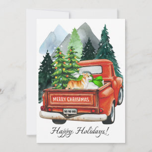 Christmas Welsh Corgi & Vintage Truck Watercolor  Holiday Card