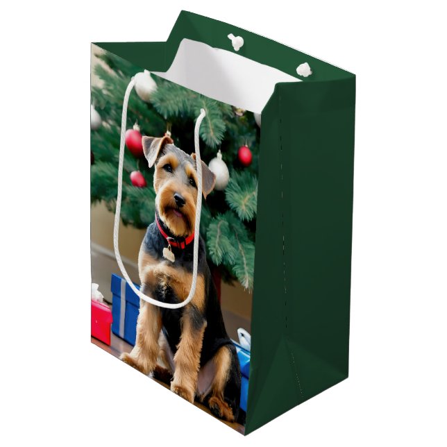 Christmas Welsh Terrier By The Tree Medium Gift Bag (Front Angled)