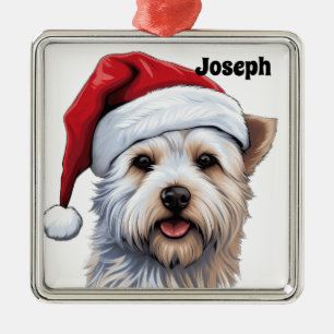CHRISTMAS WEST HIGHLAND WHITE DOG WITH SANTA HAT METAL ORNAMENT
