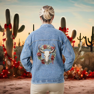 Christmas Western Cow Skull Cowboy Denim Jacket