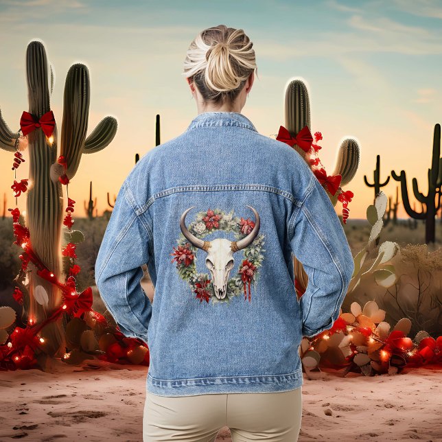  Christmas Western Cow Skull Cowboy Denim Jacket (Creator Uploaded)
