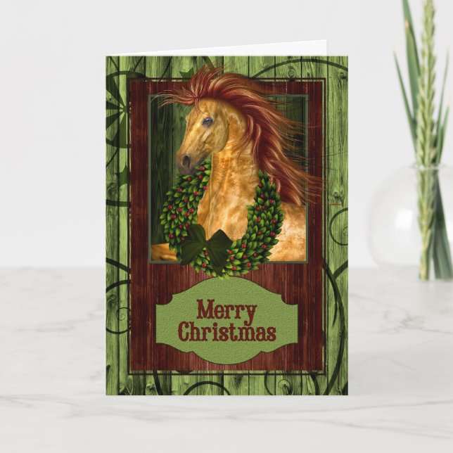 Christmas Western Horse with Green Barnwood Holiday Card (Front)