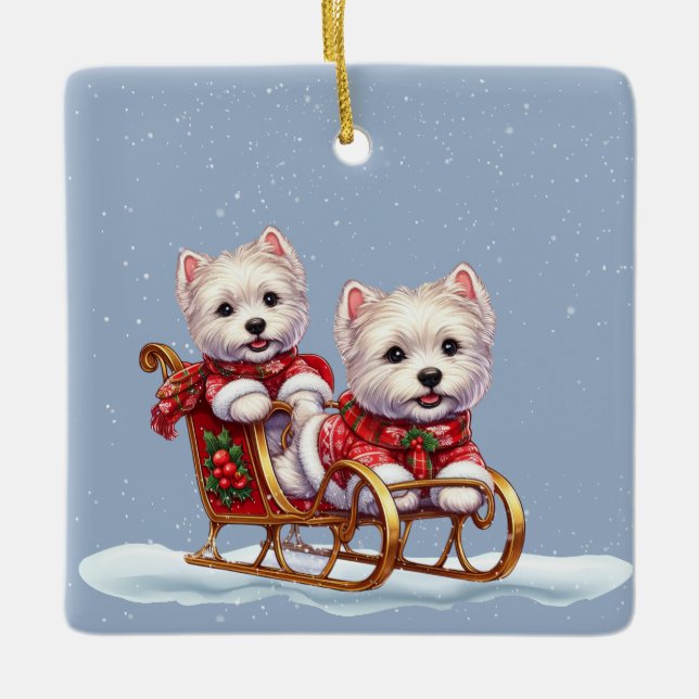 Christmas Westies in a Sleigh Christmas ornament (Front)