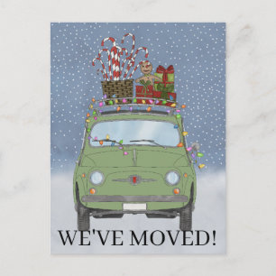 Christmas We've Moved Green car with gifts Postcard