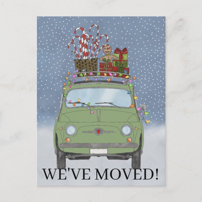 Christmas We've Moved Green car with gifts Postcard (Front)