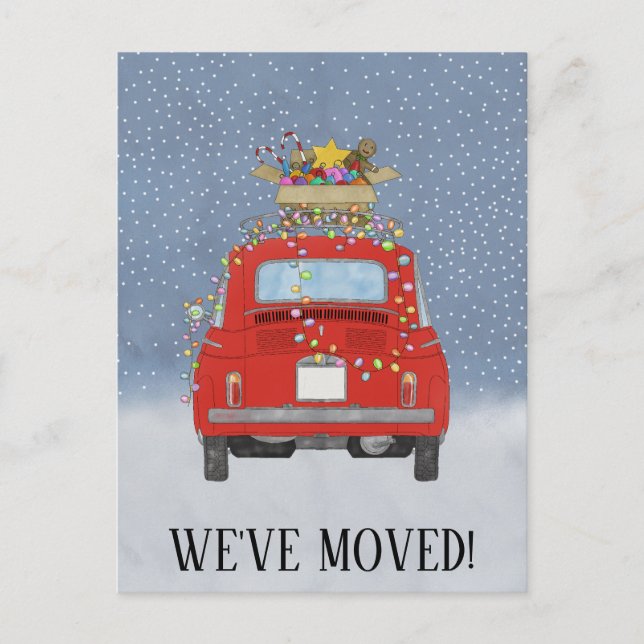 Christmas We've Moved red car with lights Postcard (Front)