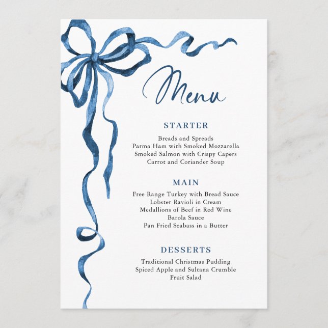 Christmas Whimsical Funky Blue Bow Dinner Party Menu (Front)